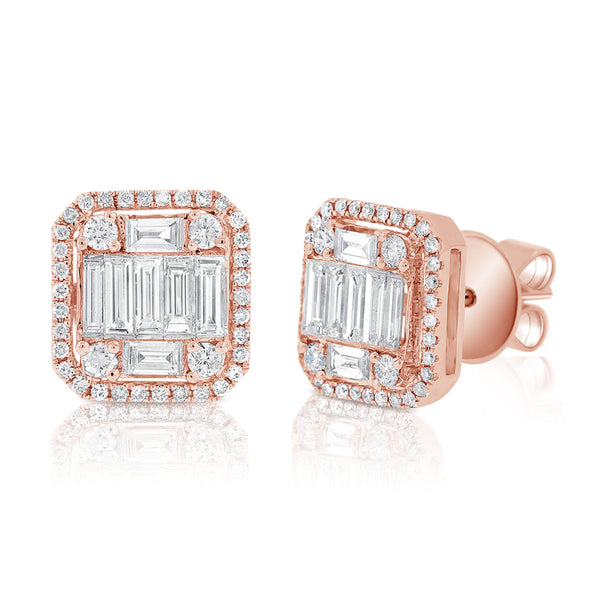 14K White Gold Round+Baguette Diamond Large Earrings-EARRINGS-aaron jewelry-ROSE GOLD-