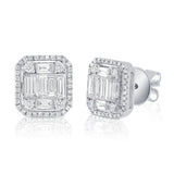 14K White Gold Round+Baguette Diamond Large Earrings