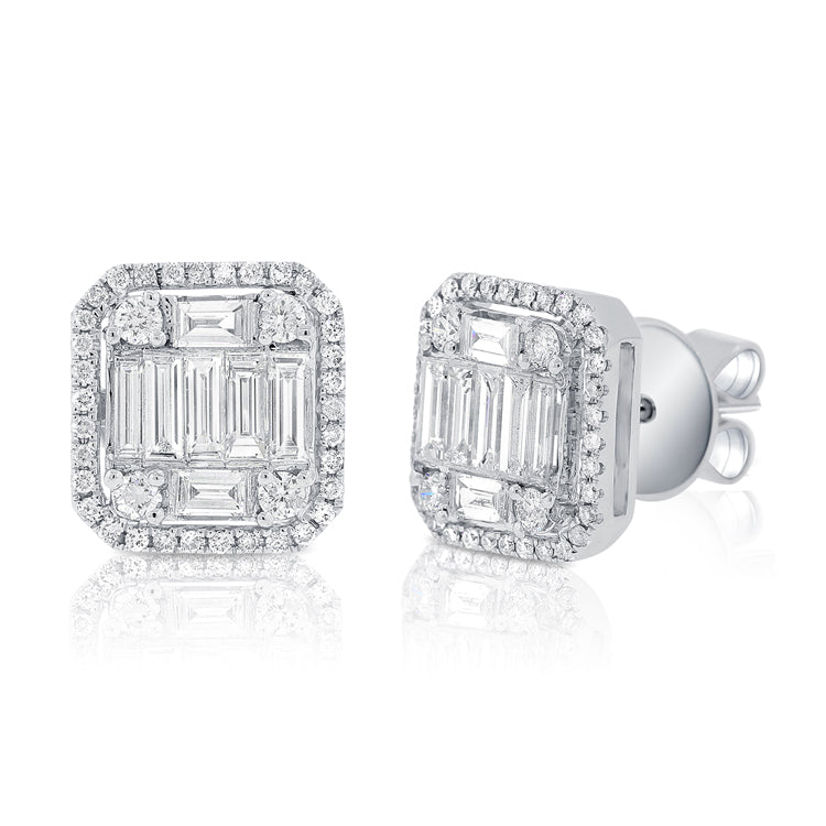 14K Rose Gold Round+Baguette Diamond Large Earrings-EARRINGS-Maurice's Jewelers-WHITE GOLD-