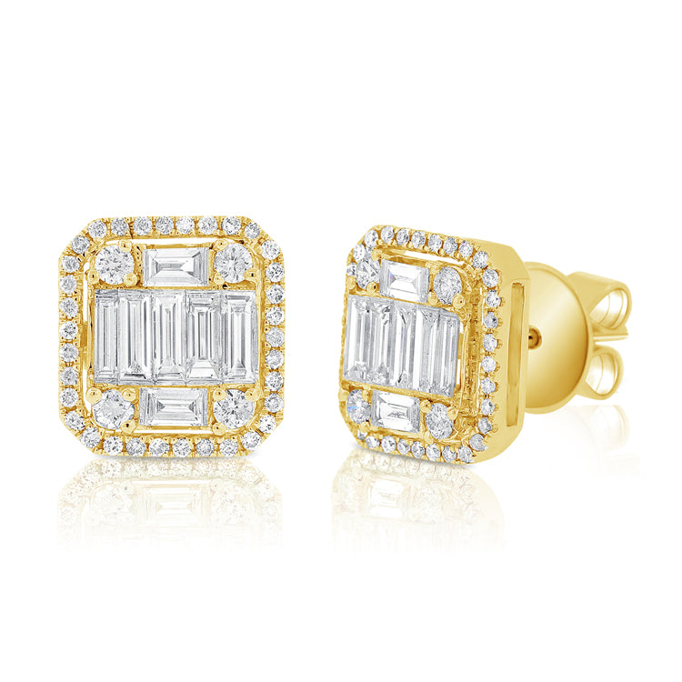 14K White Gold Round+Baguette Diamond Large Earrings