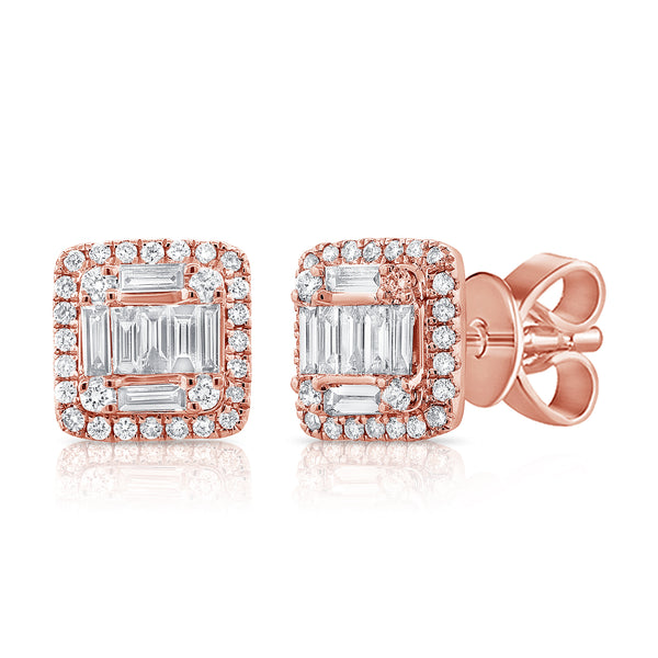 14K Rose Gold Round+Baguette Diamond Medium Earrings