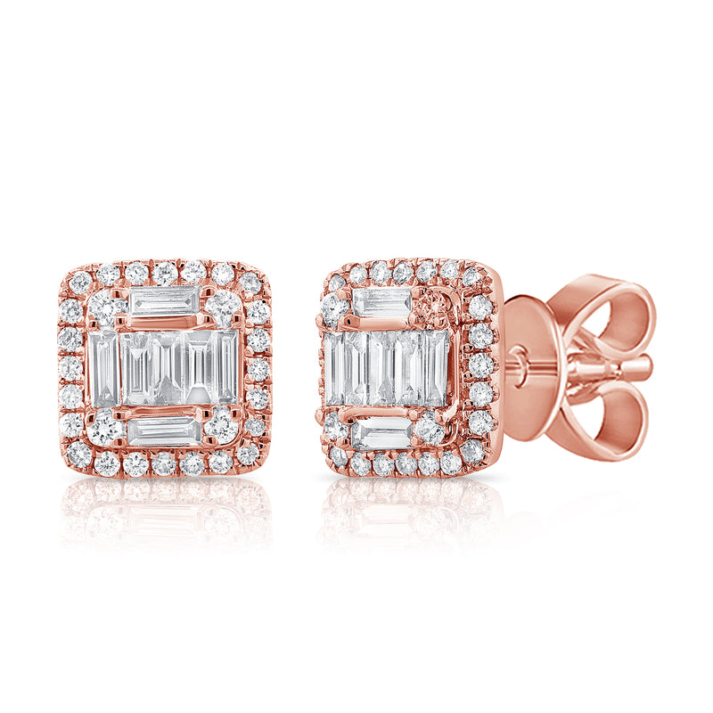 14K White Gold Round+Baguette Diamond Medium Earrings-EARRINGS-aaron jewelry-ROSE GOLD-