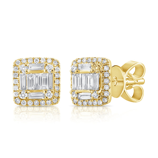14K Yellow Gold Round+Baguette Diamond Medium Earrings-EARRINGS-aaron jewelry-YELLOW GOLD-