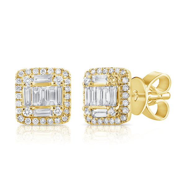 14K Yellow Gold Round+Baguette Diamond Medium Earrings
