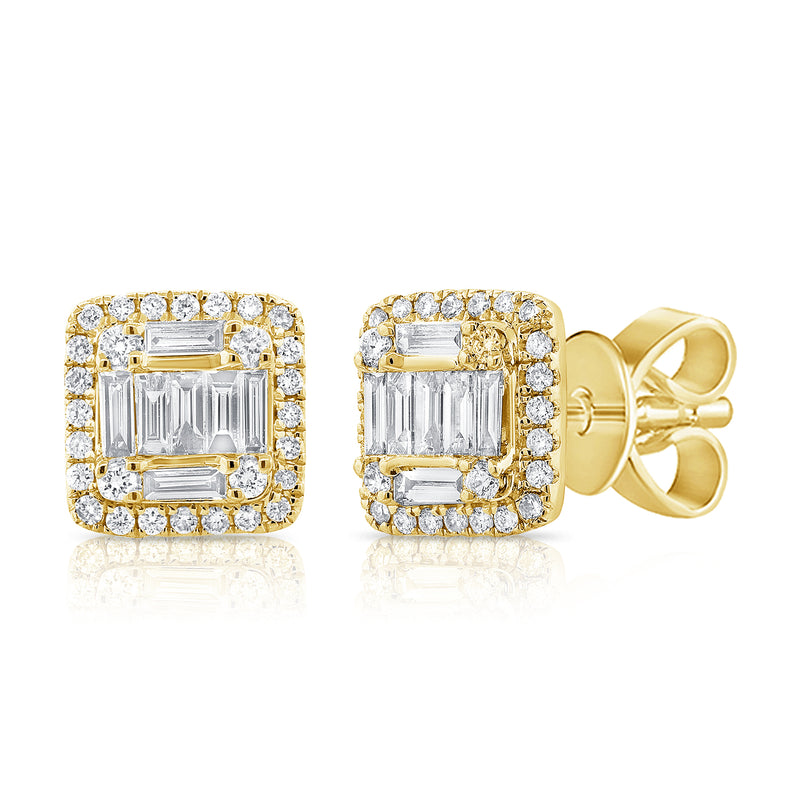 14K White Gold Round+Baguette Diamond Medium Earrings-EARRINGS-aaron jewelry-YELLOW GOLD-