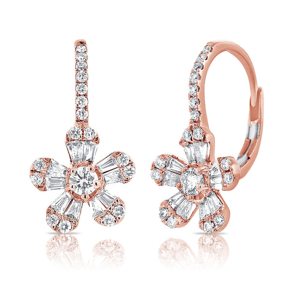 14K Rose Gold Diamond Baguette Drop Flower Earrings