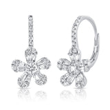 14K White Gold Diamond Baguette Drop Flower Earrings