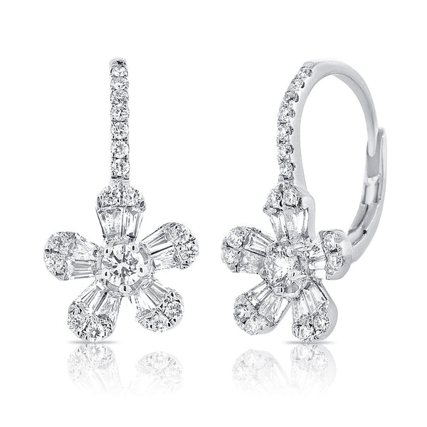 14K White Gold Diamond Baguette Drop Flower Earrings-EARRINGS-Maurice's Jewelers-White Gold-