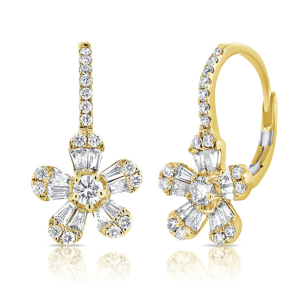 14K Yellow Gold Diamond Baguette Drop Flower Earrings-EARRINGS-aaron jewelry-Yellow Gold-