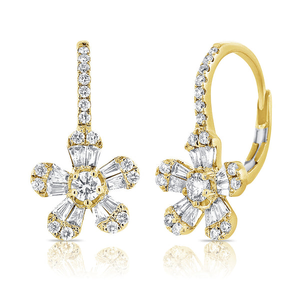 14K Yellow Gold Diamond Baguette Drop Flower Earrings