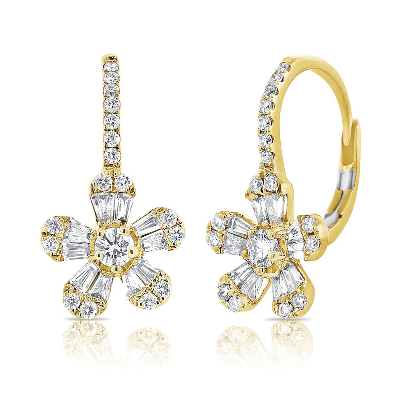 14K Yellow Gold Diamond Baguette Drop Flower Earrings-EARRINGS-aaron jewelry-Yellow Gold-