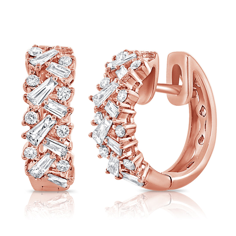 14K Yellow Gold Round + Baguettes Diamond Huggies-EARRINGS-aaron jewelry-ROSE GOLD-