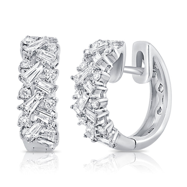 14K White Gold Round + Baguettes Diamond Huggies-EARRINGS-aaron jewelry-WHITE GOLD-