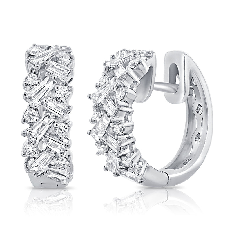 14K Yellow Gold Round + Baguettes Diamond Huggies-EARRINGS-aaron jewelry-WHITE GOLD-