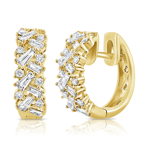 14K White Gold Round + Baguettes Diamond Huggies-EARRINGS-aaron jewelry-YELLOW GOLD-