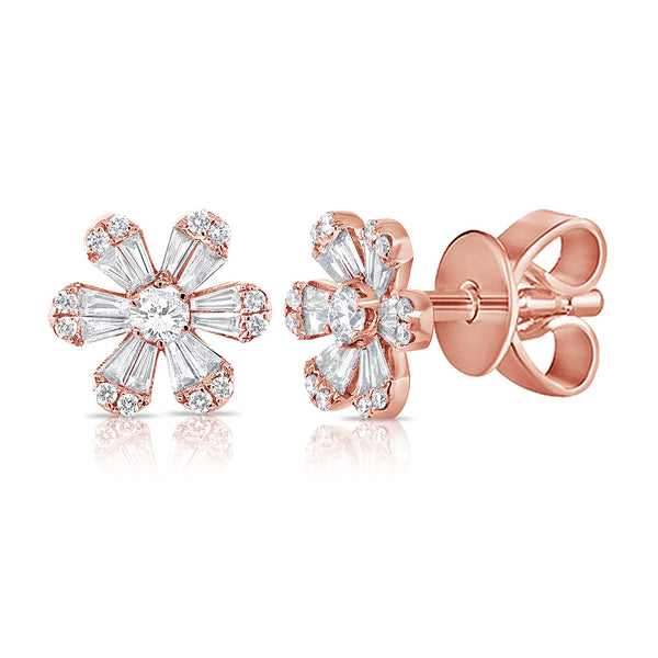 14K Rose Gold Diamond Flower Stud Earrings