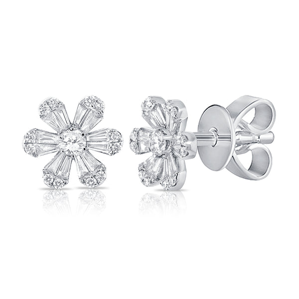 14K White Gold Diamond Flower Stud Earrings