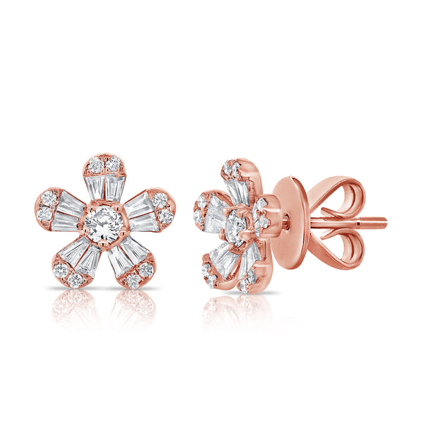 14K Rose Gold Diamond Flower Earrings