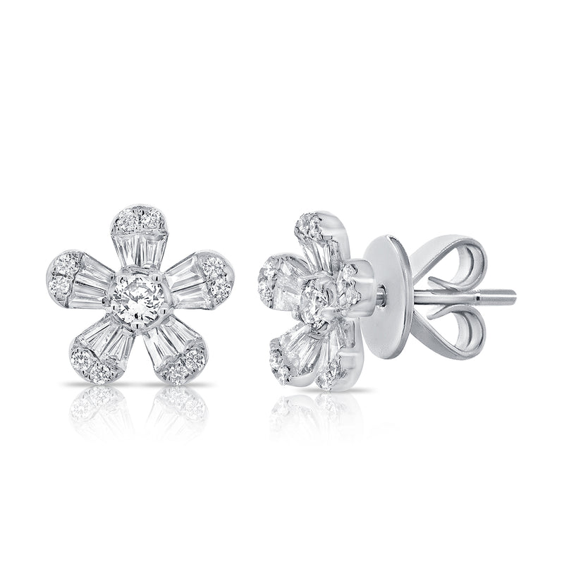 14K White Gold Diamond Flower Earrings