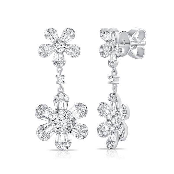 14K White Gold Double Diamond Flower Earrings