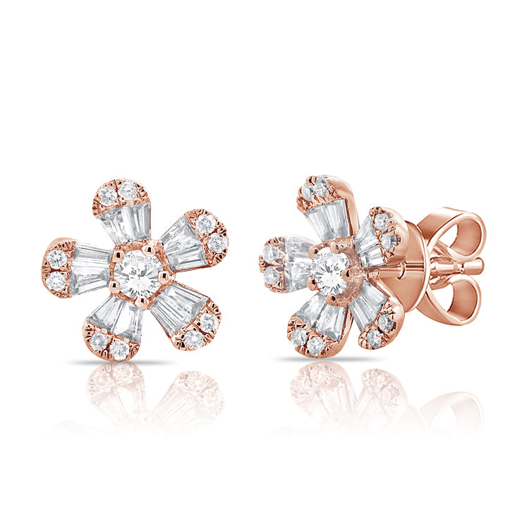 14K Yellow Gold Diamond Flower Stud Earrings (Small)