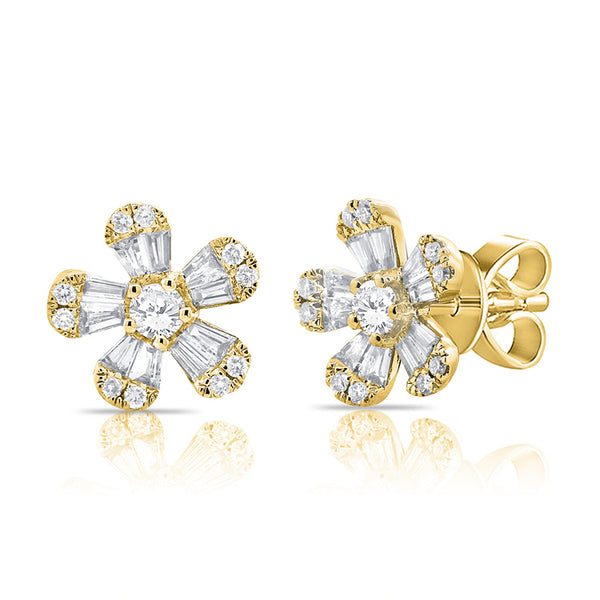 14K Yellow Gold Diamond Flower Stud Earrings (Small)