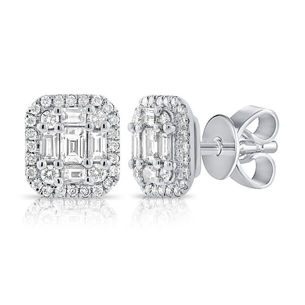 14K White Gold Diamond Cluster Square Earrings