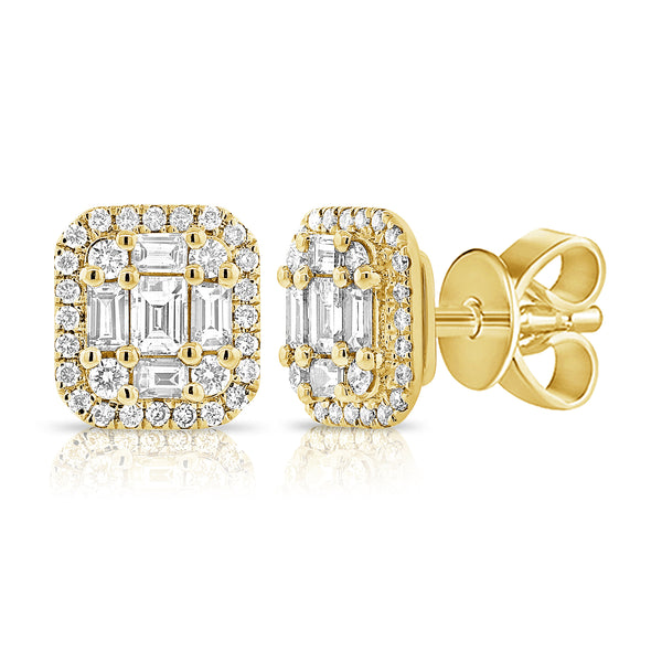 14K Yellow Gold Diamond Cluster Square Earrings-EARRINGS-aaron jewelry-YELLOW GOLD-