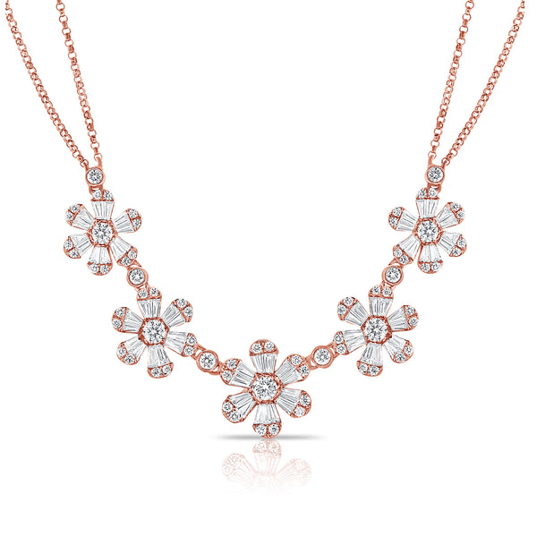 14K Rose Gold Baguette Diamond (5) Flower Necklace