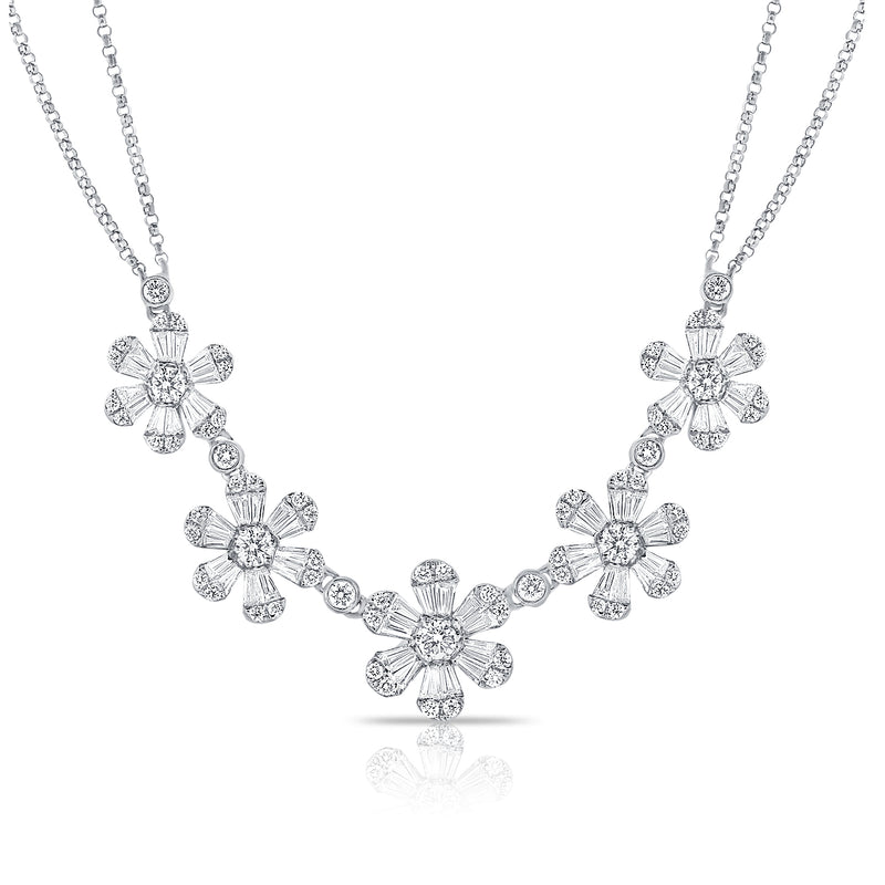 14K White Gold Baguette Diamond (5) Flower Necklace