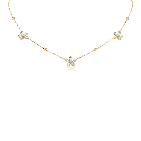 14K Yellow Gold Diamond Tri-Flower Station Necklace