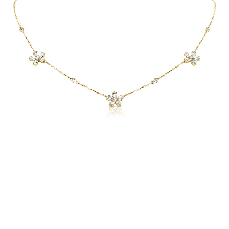 14K Yellow Gold Diamond Tri-Flower Station Necklace