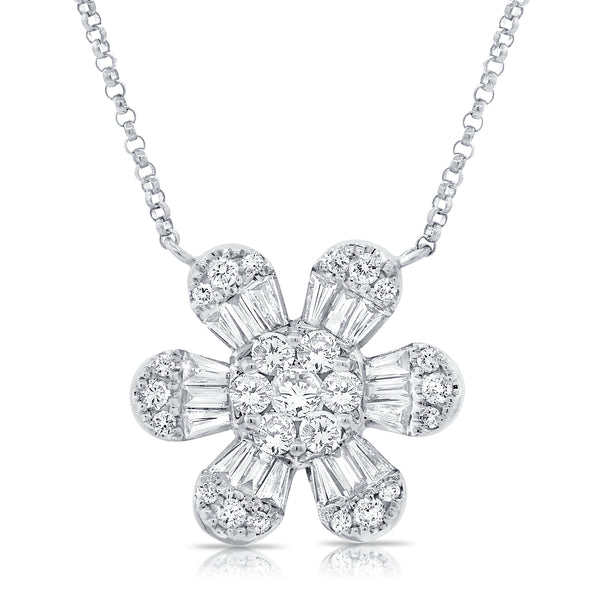 14K White Gold Baguette Diamond Large Flower Necklace-Necklaces-Maurice's Jewelers-White Gold-