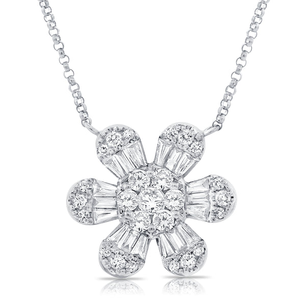 14K White Gold Baguette Diamond Large Flower Necklace
