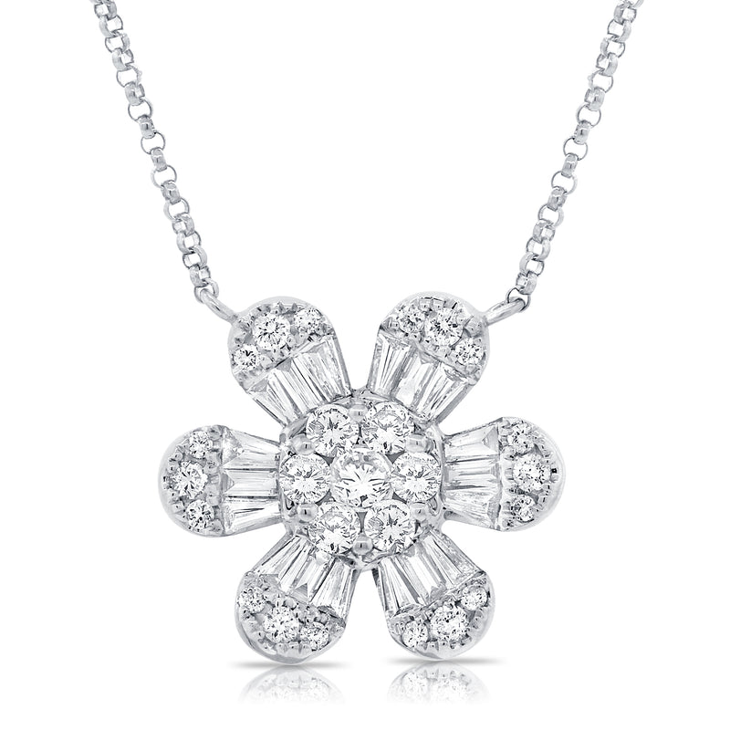 14K White Gold Baguette Diamond Large Flower Necklace-Necklaces-Maurice's Jewelers-White Gold-