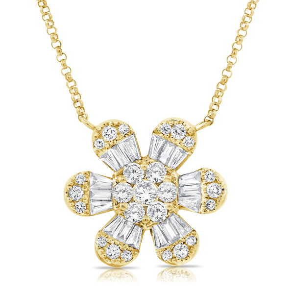 14K Yellow Gold Baguette Diamond Large Flower Necklace