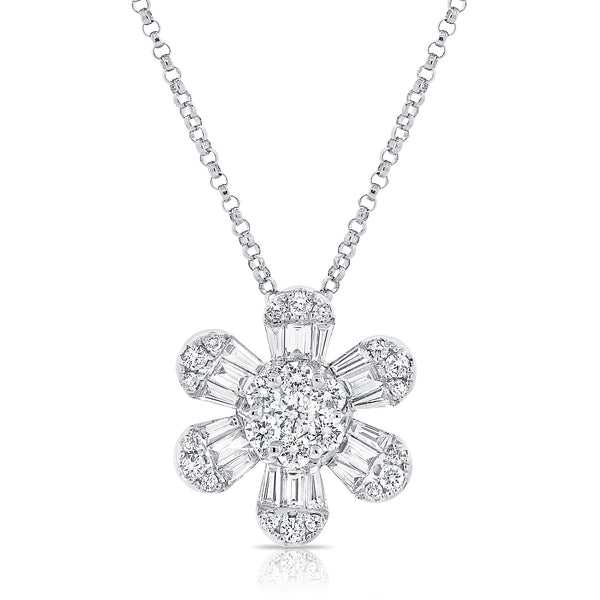 14k White Diamond Baguette Flower Large Pendant Necklace-Necklaces-Maurice's Jewelers-