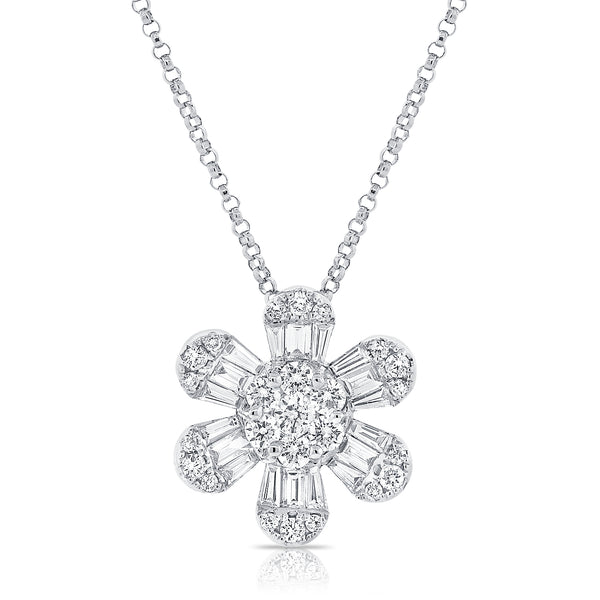 14k White Diamond Baguette Flower Large Pendant Necklace