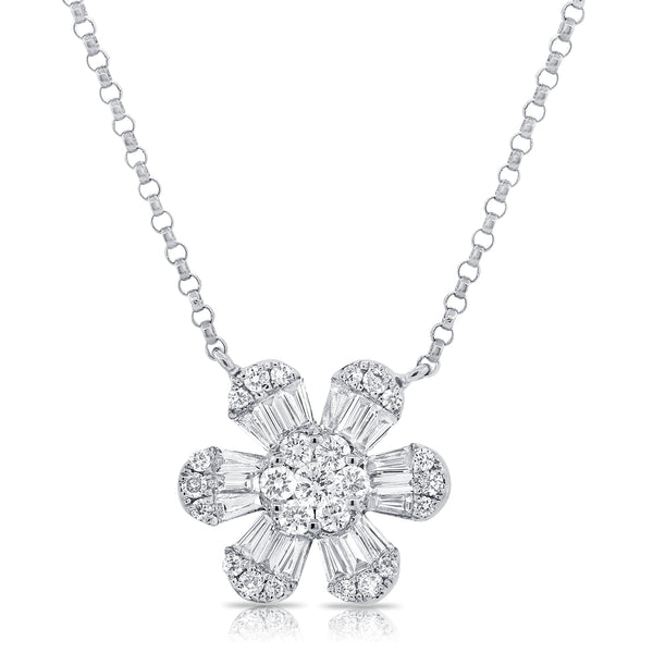 14K White Gold Baguette Diamond Medium Flower Necklace-Necklaces-Maurice's Jewelers-White Gold-