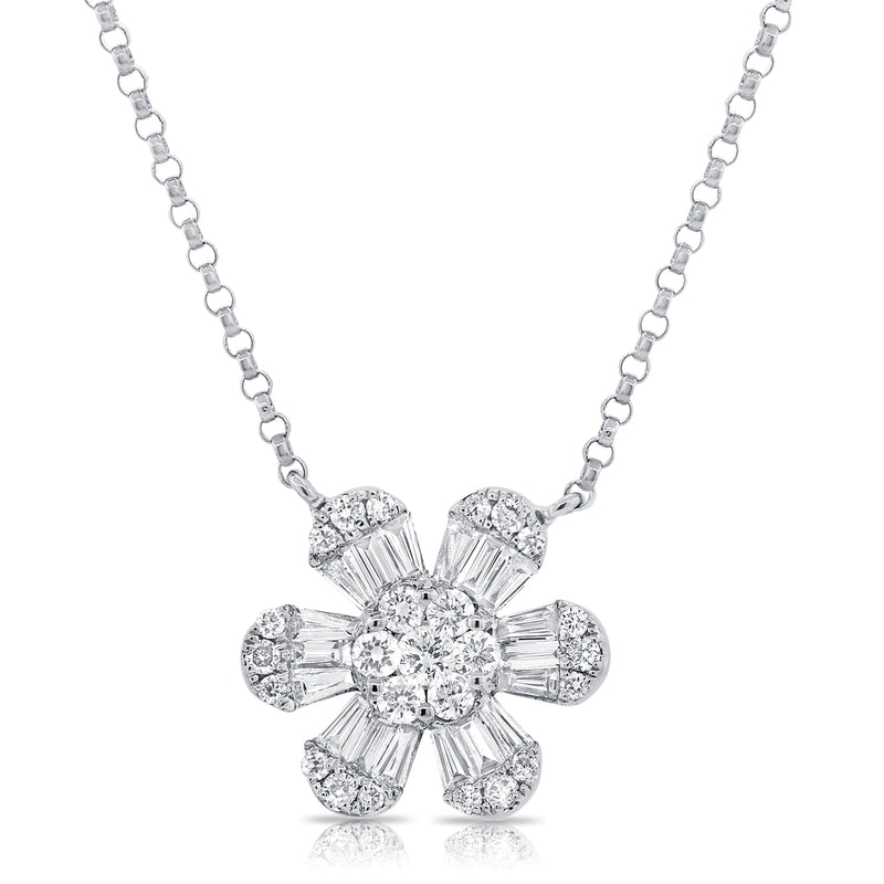 14K White Gold Baguette Diamond Medium Flower Necklace-Necklaces-Maurice's Jewelers-White Gold-