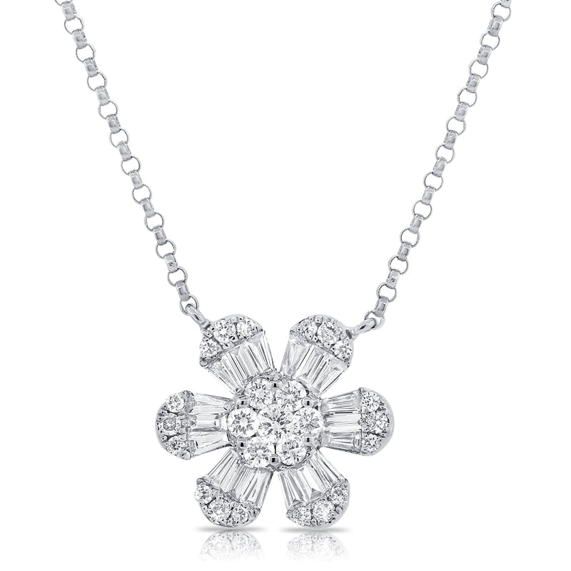 14K White Gold Baguette Diamond Medium Flower Necklace