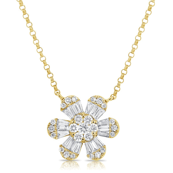 14K Yellow Gold Baguette Diamond Medium Flower Necklace