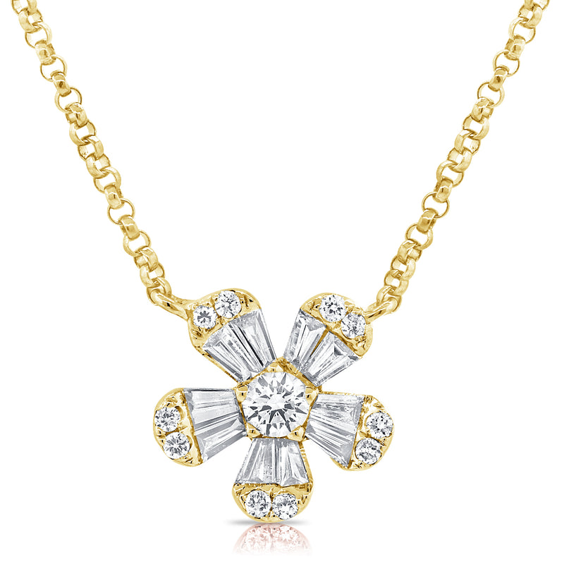 14K Yellow Gold Diamond Small Flower Necklace