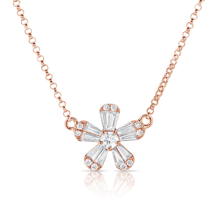 14K Rose Gold Baguette Diamond Small Flower Necklace