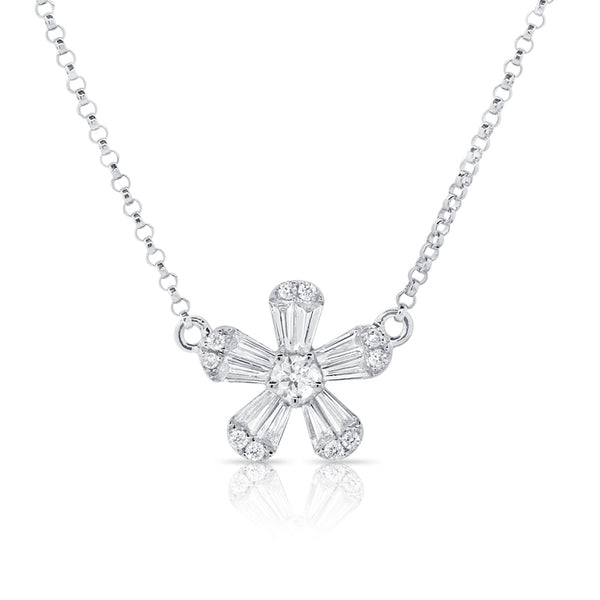 14K White Gold Baguette Diamond Small Flower Necklace