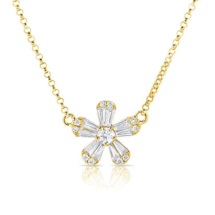 14K Yellow Gold Baguette Diamond Small Flower Necklace-Necklaces-aaron jewelry-Yellow Gold-