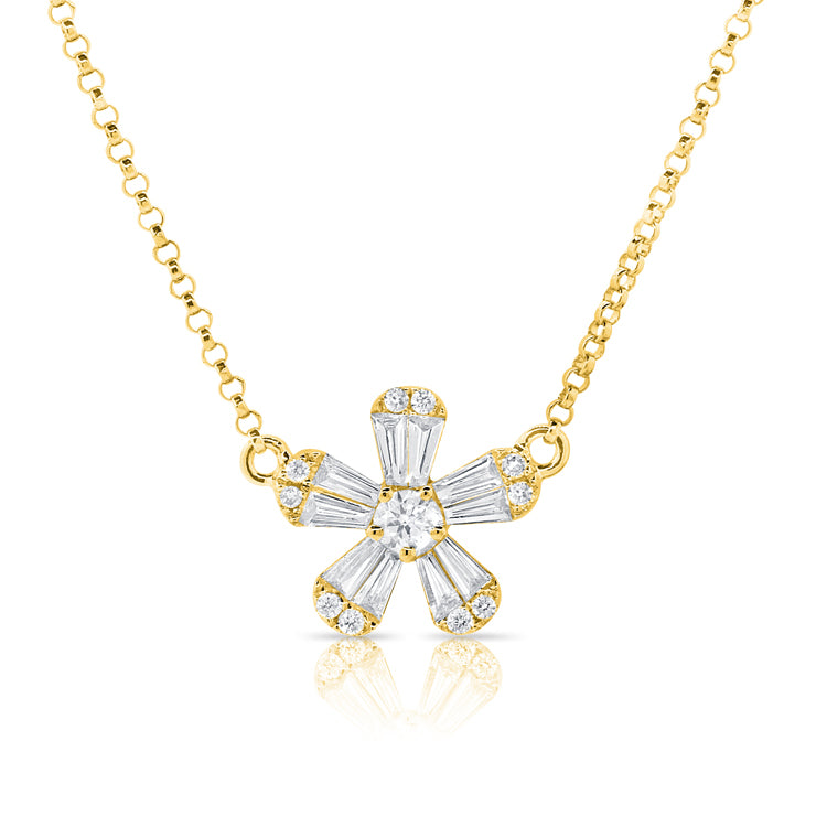14K Yellow Gold Baguette Diamond Small Flower Necklace