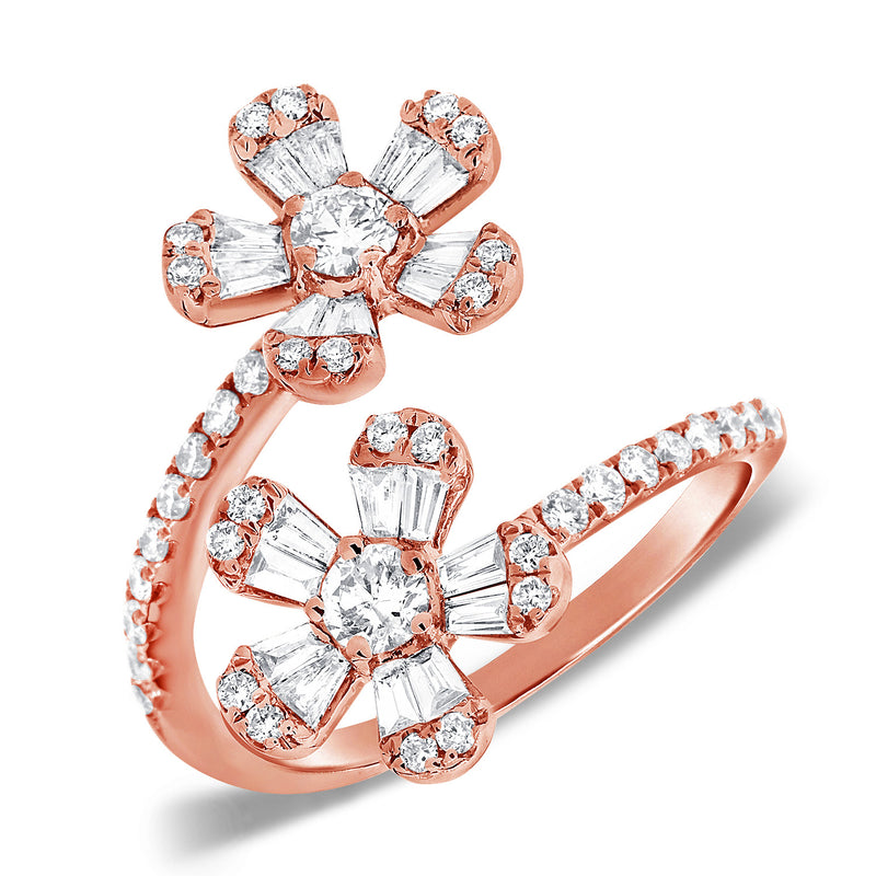 14K Rose Gold Round and Baguette Diamond Flower Wrap Ring