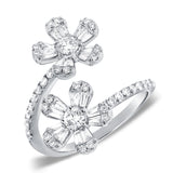 14K White Gold Round and Baguette Diamond Flower Wrap Ring