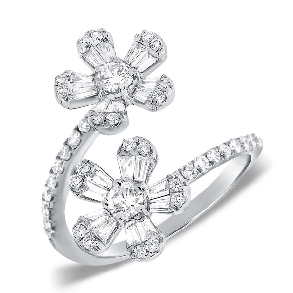 14K White Gold Round and Baguette Diamond Flower Wrap Ring-Rings-aaron jewelry-